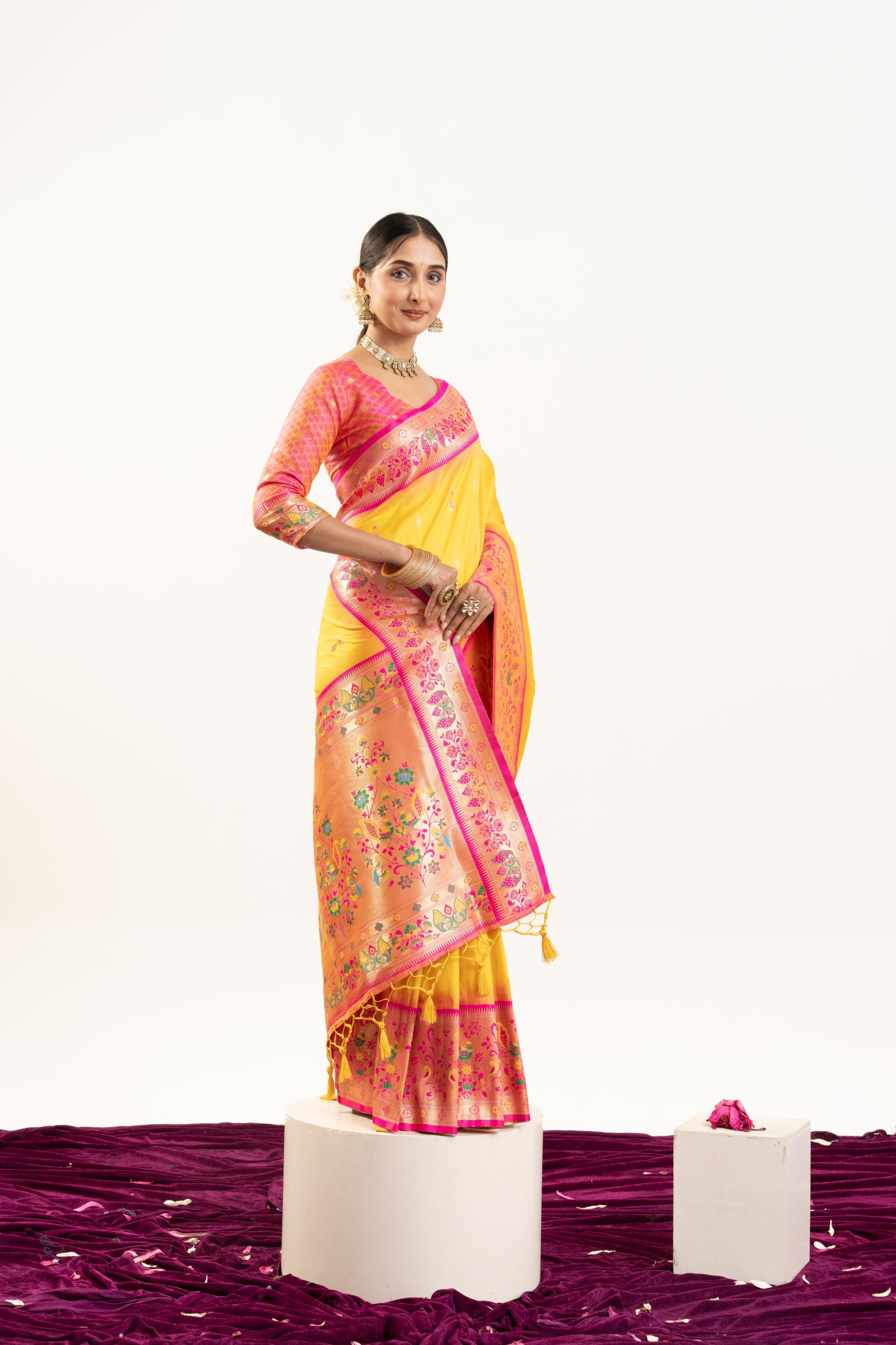 Jyoti Fashion Women's Yellow Soft Banarasi Silk Zari Woven Saree with Blouse | Grocsy