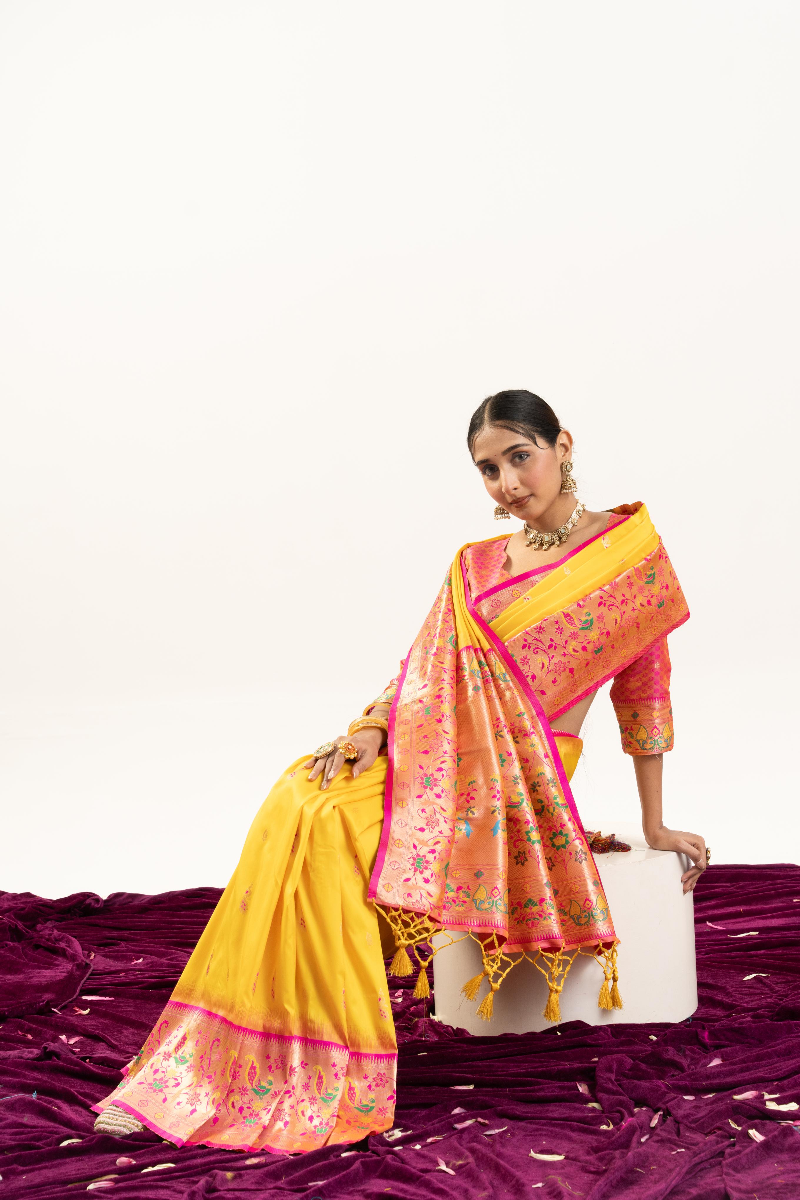Jyoti Fashion Women's Yellow Soft Banarasi Silk Zari Woven Saree with Blouse | Grocsy
