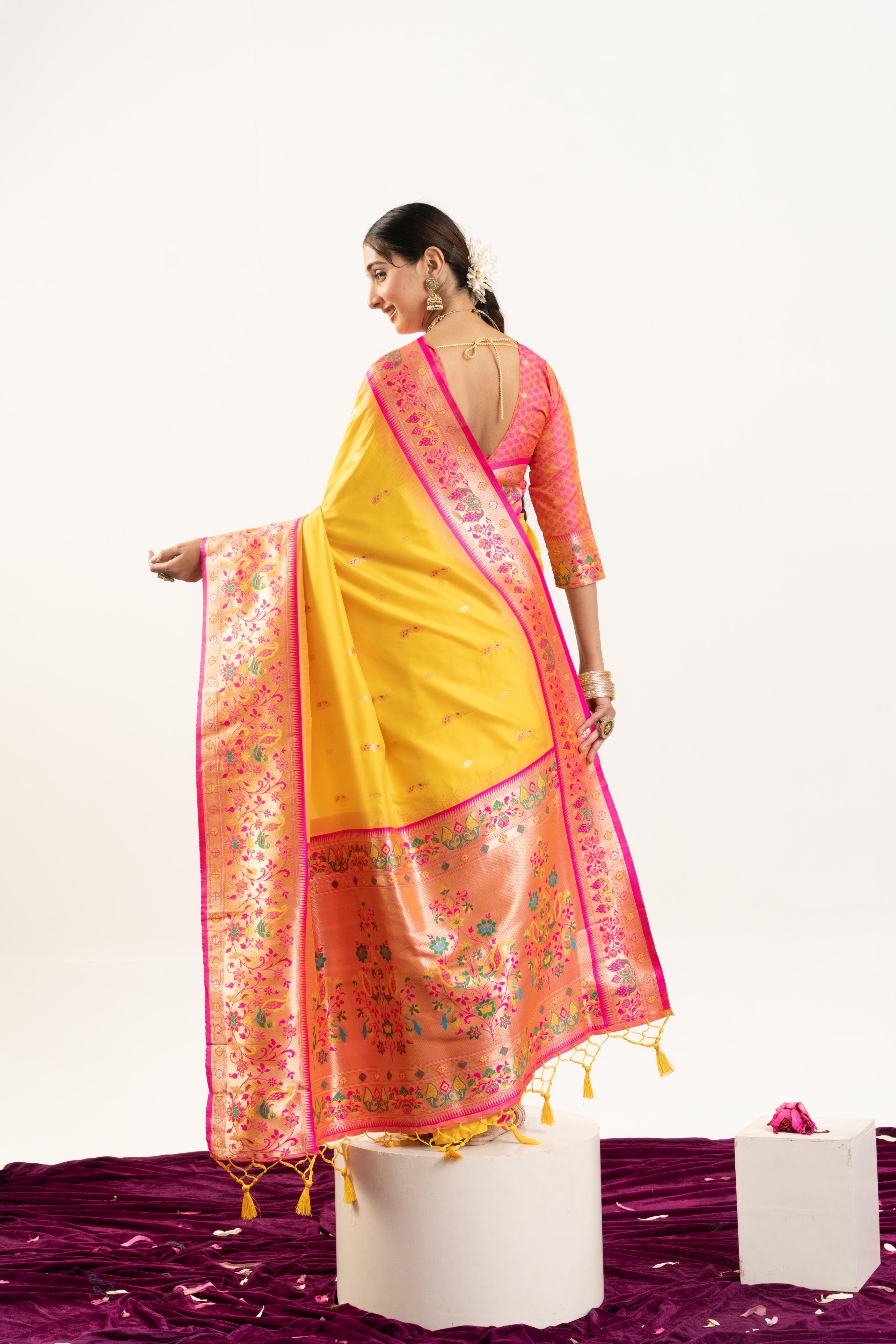 Jyoti Fashion Women's Yellow Soft Banarasi Silk Zari Woven Saree with Blouse | Grocsy