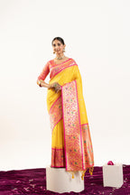 Jyoti Fashion Women's Yellow Soft Banarasi Silk Zari Woven Saree with Blouse | Grocsy