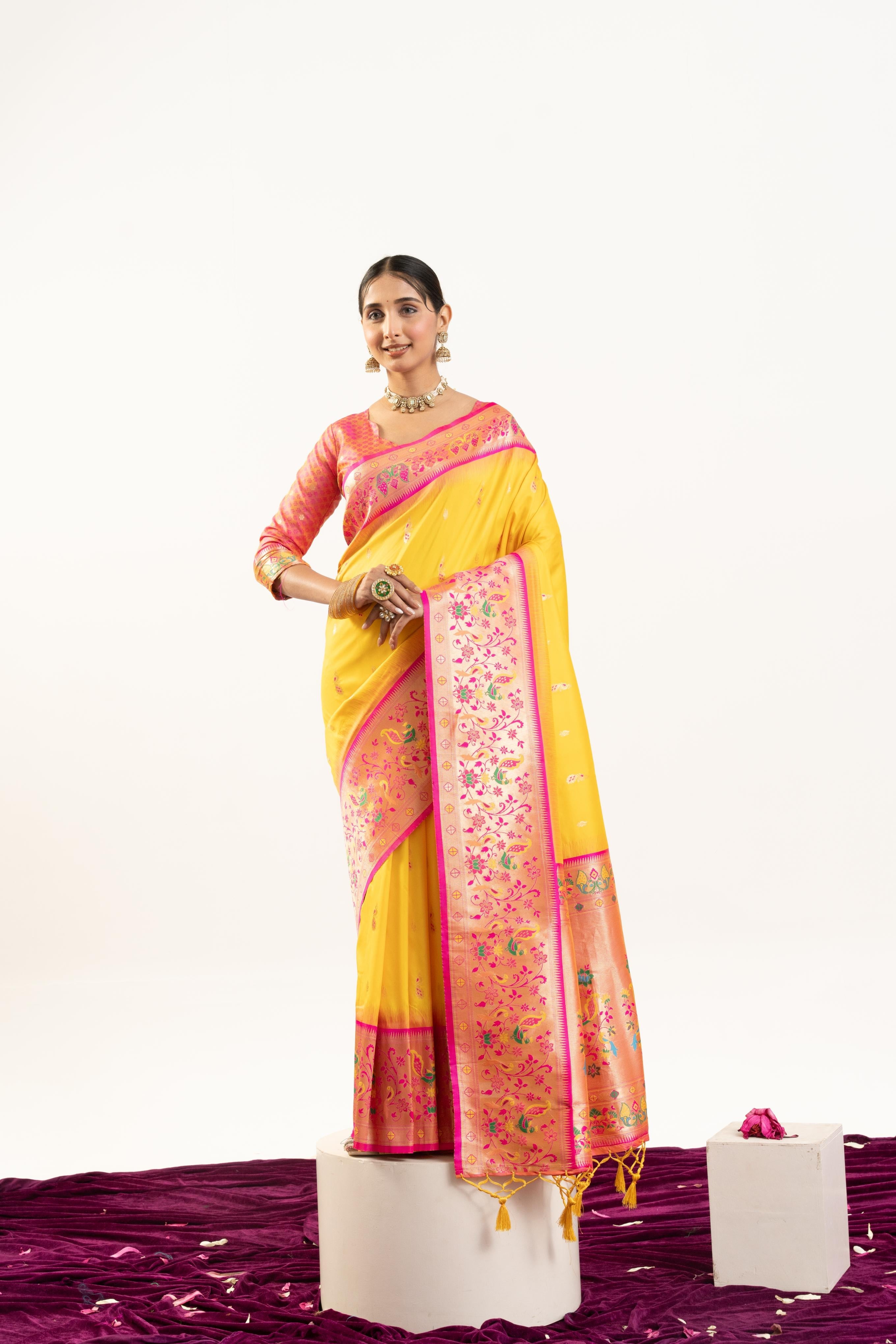 Jyoti Fashion Women's Yellow Soft Banarasi Silk Zari Woven Saree with Blouse | Grocsy