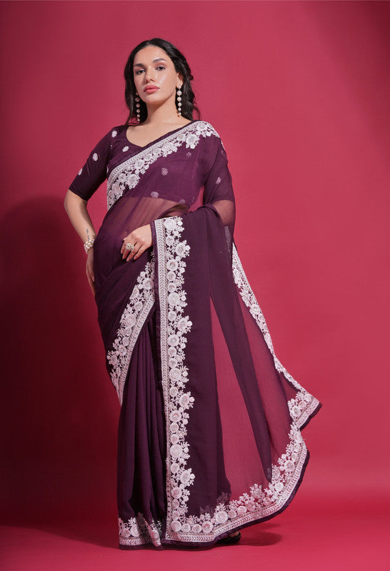 Jyoti Fashion Women's Wine Coding Work Georgette Saree with Blouse | Grocsy