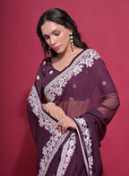 Jyoti Fashion Women's Wine Coding Work Georgette Saree with Blouse | Grocsy