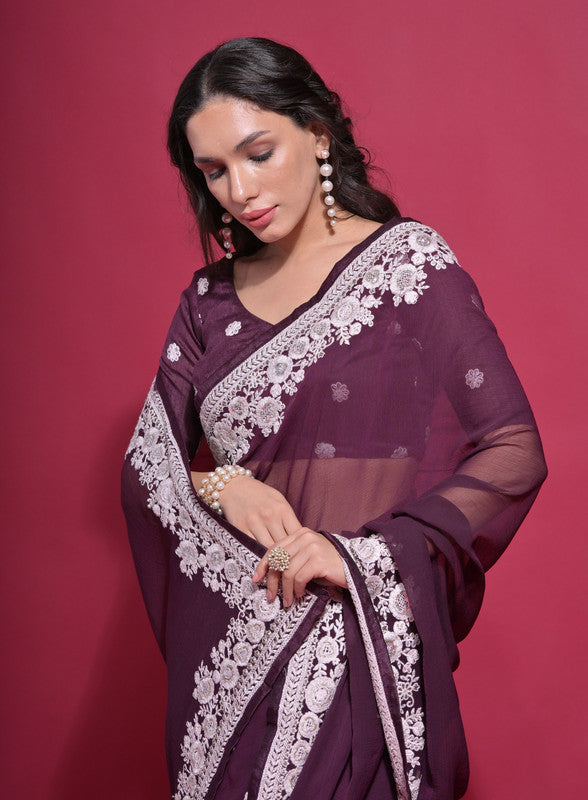 Jyoti Fashion Women's Wine Coding Work Georgette Saree with Blouse | Grocsy