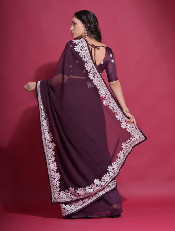 Jyoti Fashion Women's Wine Coding Work Georgette Saree with Blouse | Grocsy