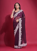 Jyoti Fashion Women's Wine Coding Work Georgette Saree with Blouse | Grocsy