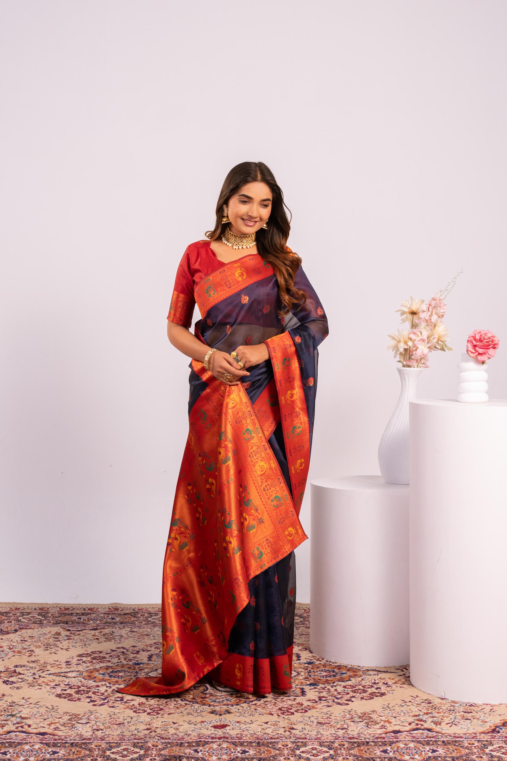 Jyoti Fashion Women's Blue Soft Tissue Silk Zari Woven Saree with Blouse | Grocsy