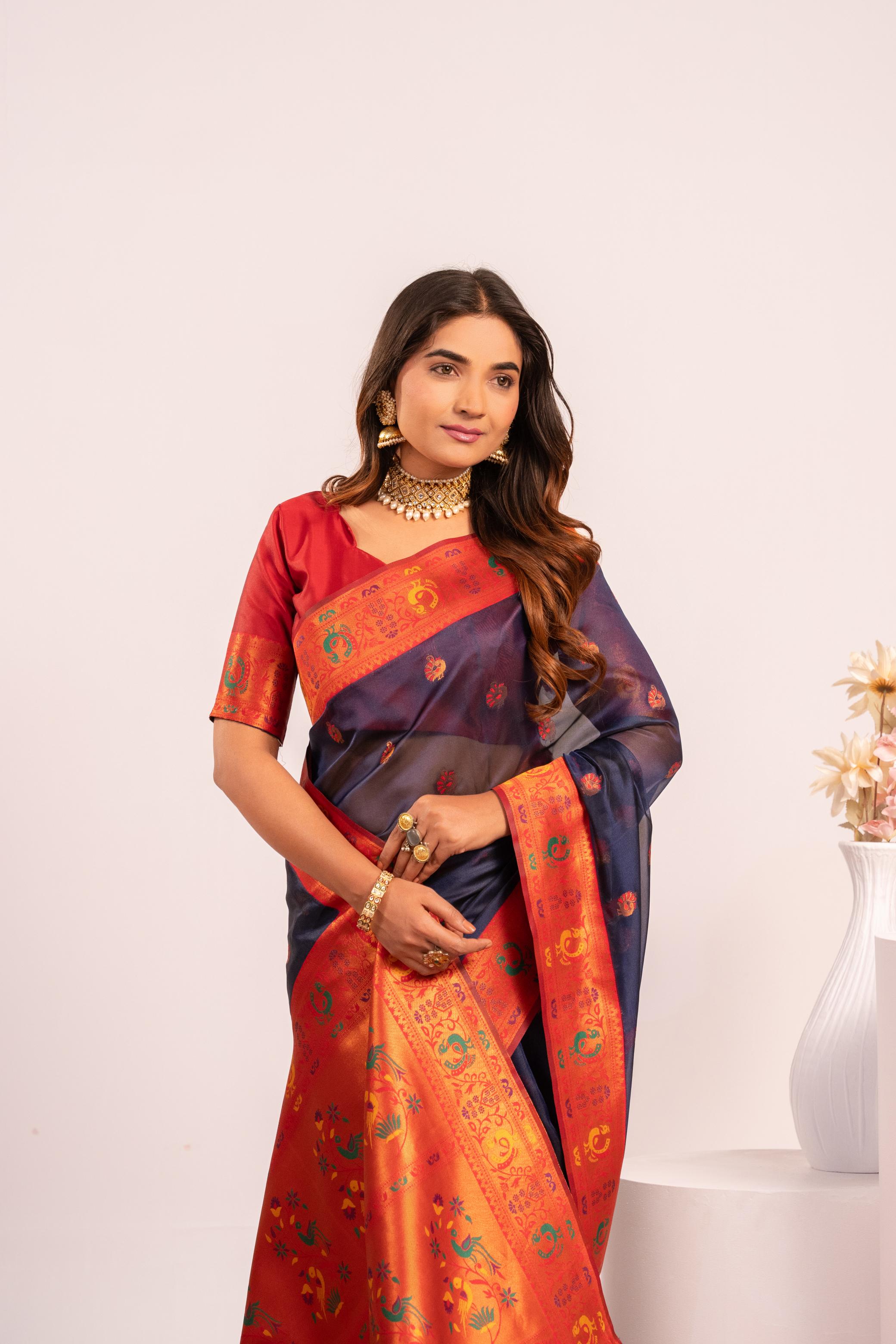 Jyoti Fashion Women's Blue Soft Tissue Silk Zari Woven Saree with Blouse | Grocsy