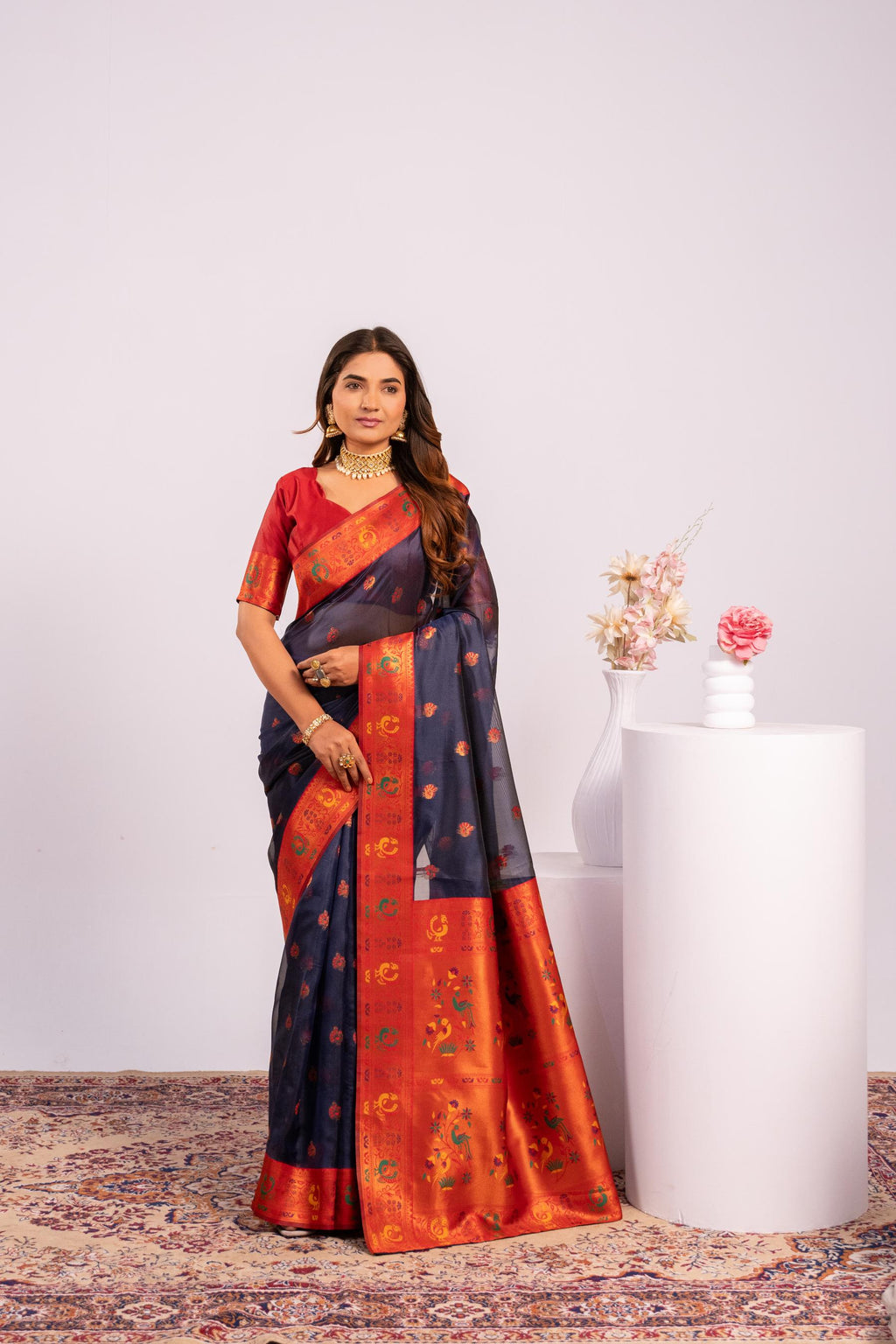 Jyoti Fashion Women's Blue Soft Tissue Silk Zari Woven Saree with Blouse | Grocsy