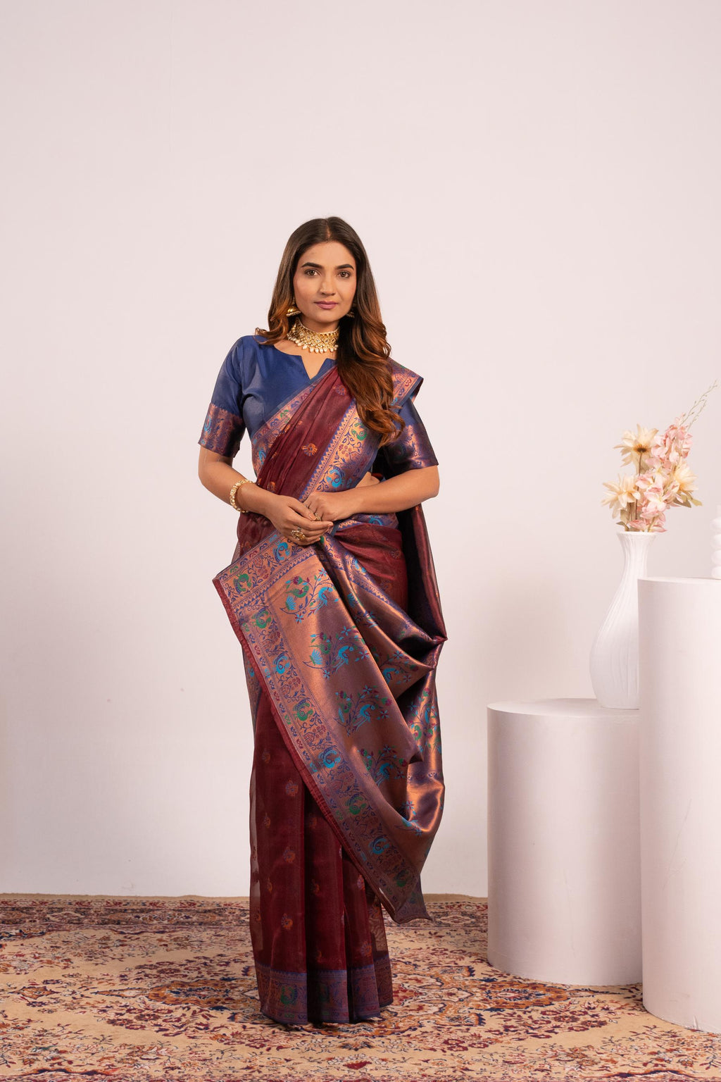Jyoti Fashion Women's Coffee Soft Tissue Silk Zari Woven Saree with Blouse | Grocsy