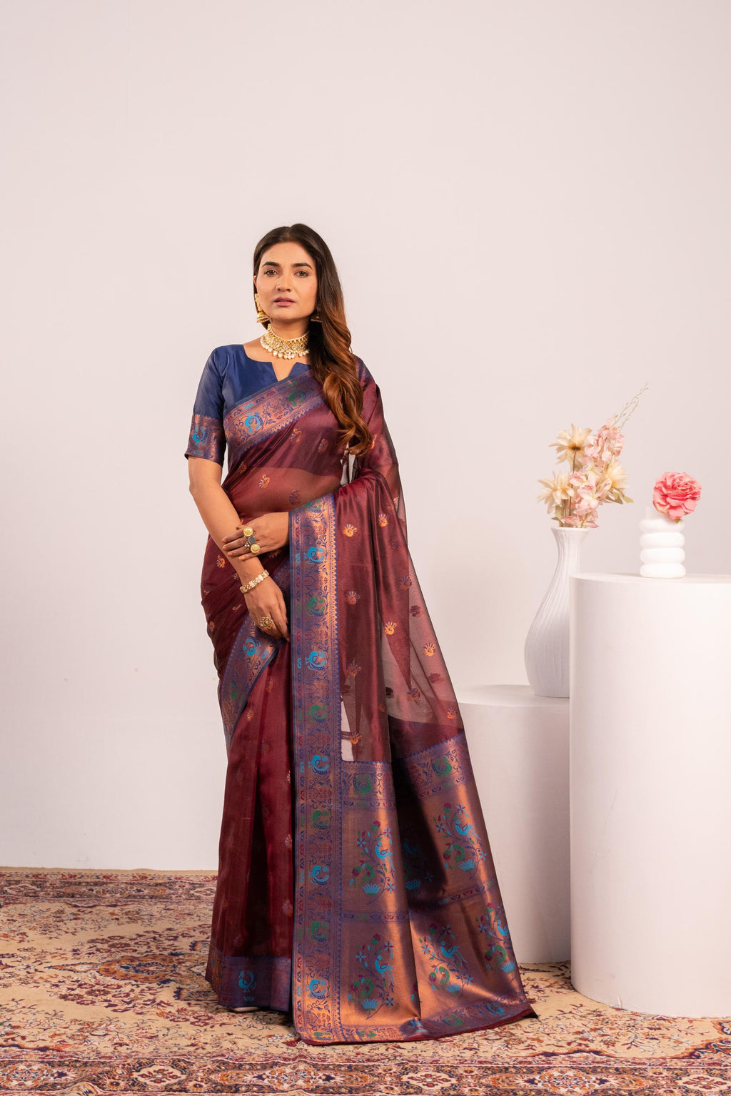 Jyoti Fashion Women's Coffee Soft Tissue Silk Zari Woven Saree with Blouse | Grocsy