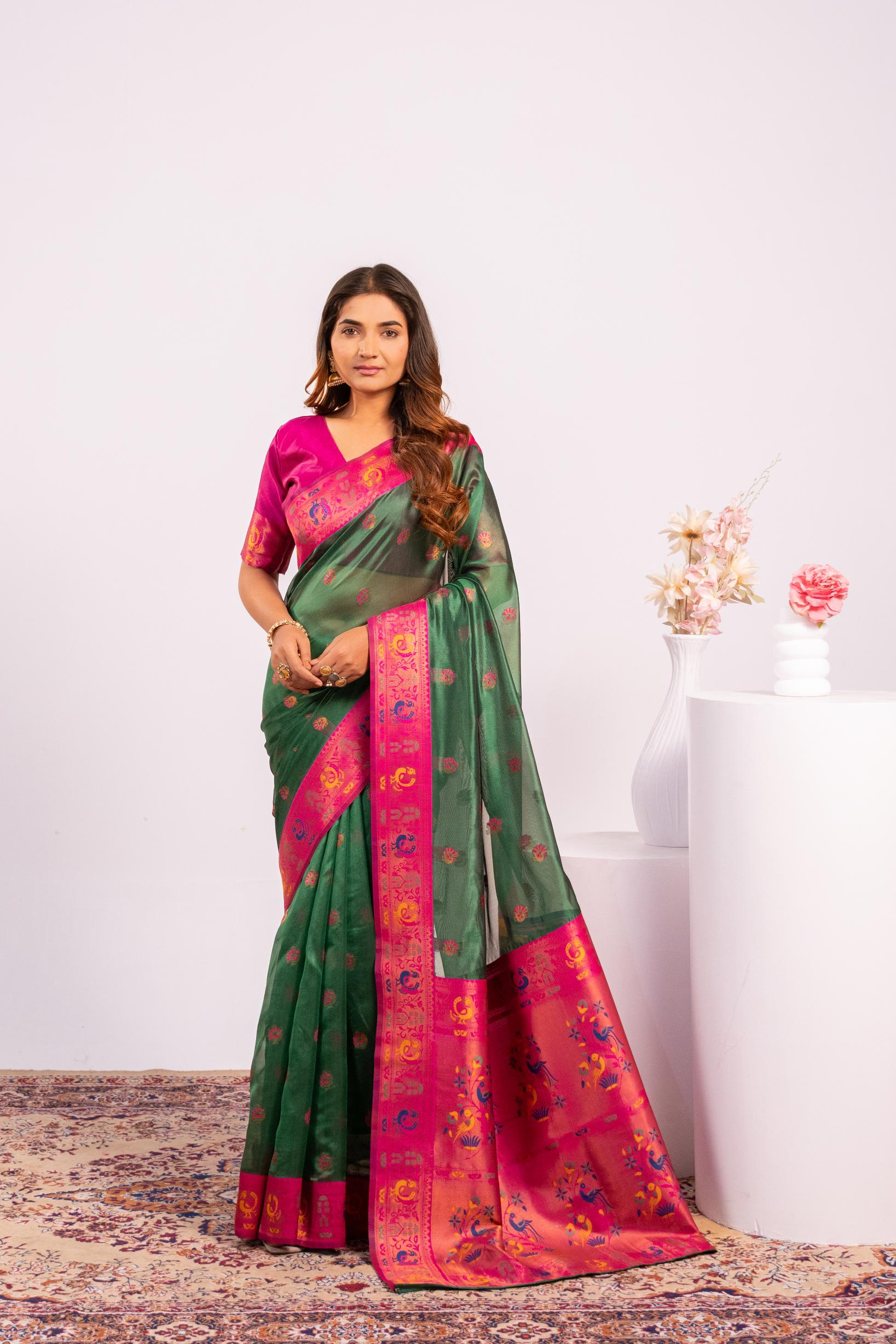 Jyoti Fashion Women's Green Soft Tissue Silk Zari Woven Saree with Blouse | Grocsy