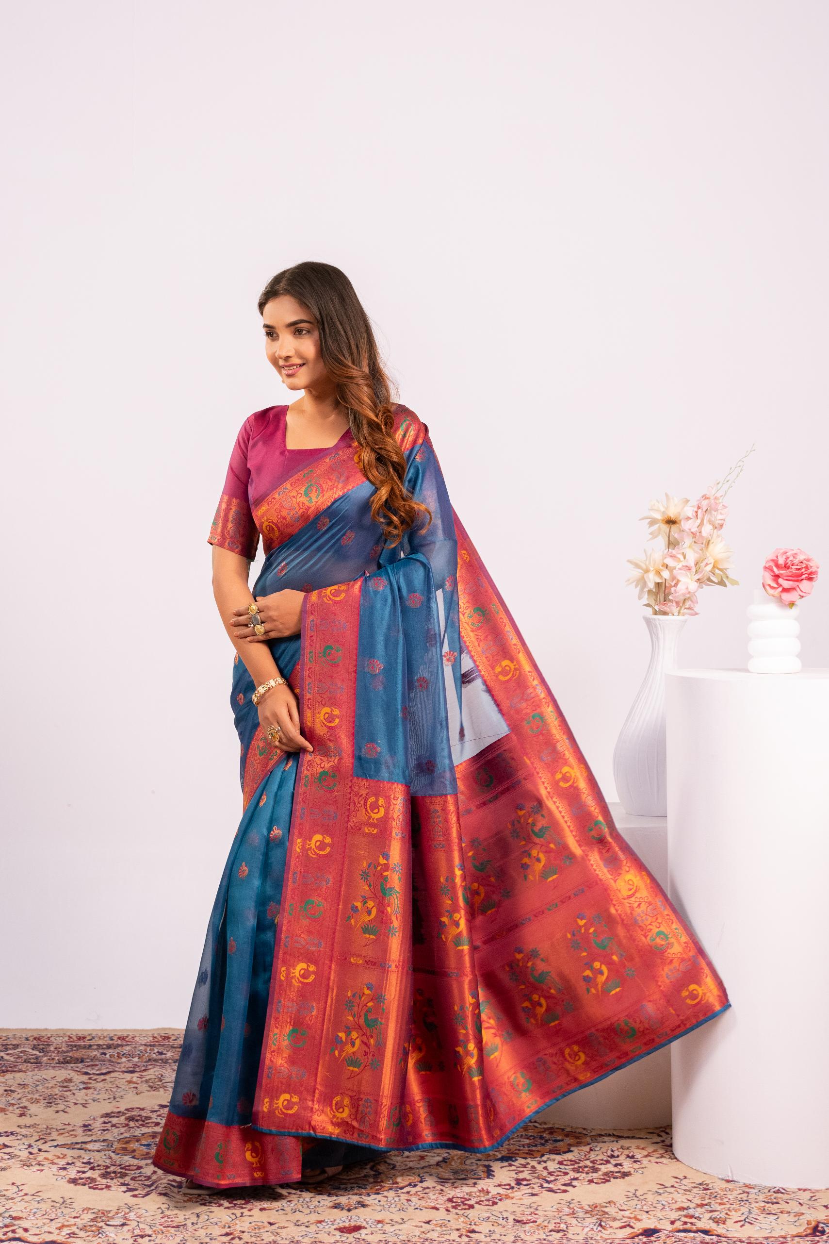 Jyoti Fashion Women's Rama Soft Tissue Silk Zari Woven Saree with Blouse | Grocsy