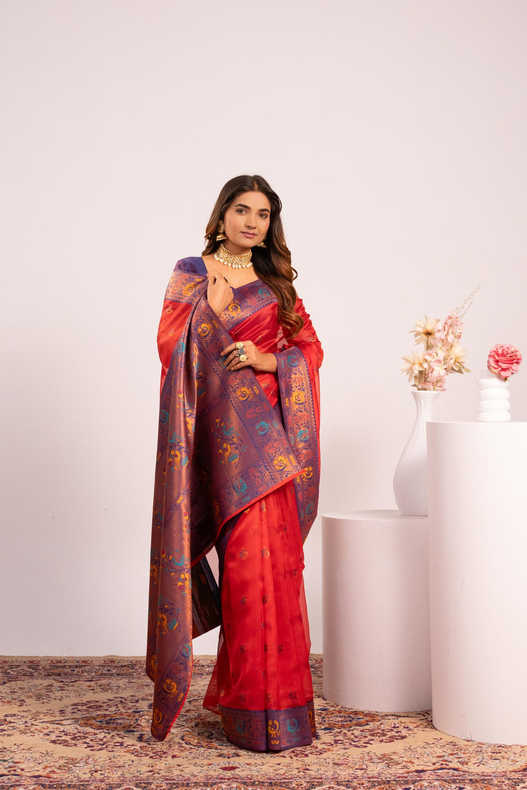 Jyoti Fashion Women's Red Soft Tissue Silk Zari Woven Saree with Blouse | Grocsy