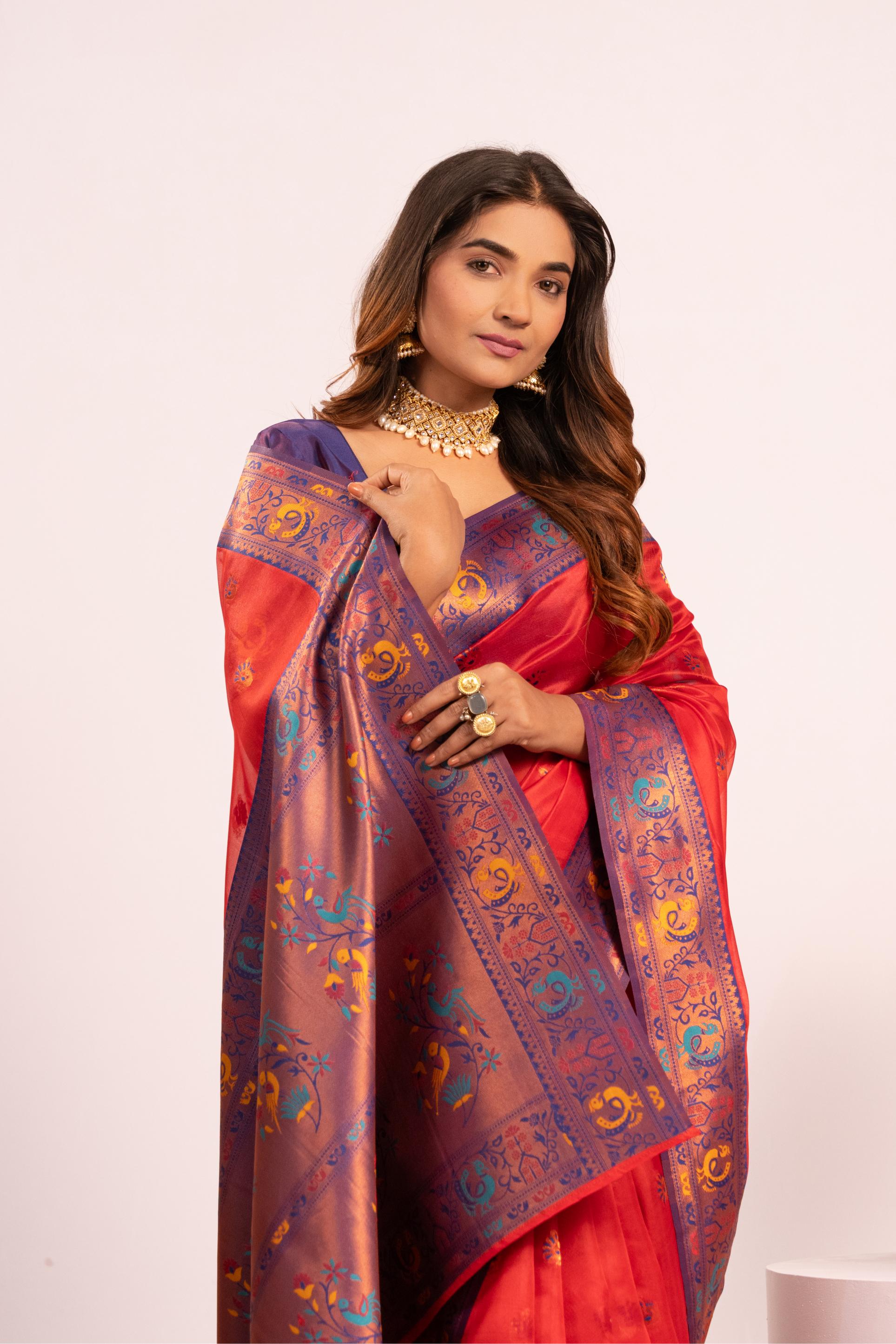 Jyoti Fashion Women's Red Soft Tissue Silk Zari Woven Saree with Blouse | Grocsy