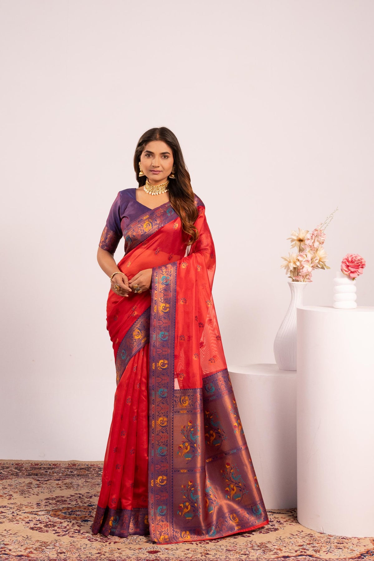 Jyoti Fashion Women's Red Soft Tissue Silk Zari Woven Saree with Blouse | Grocsy