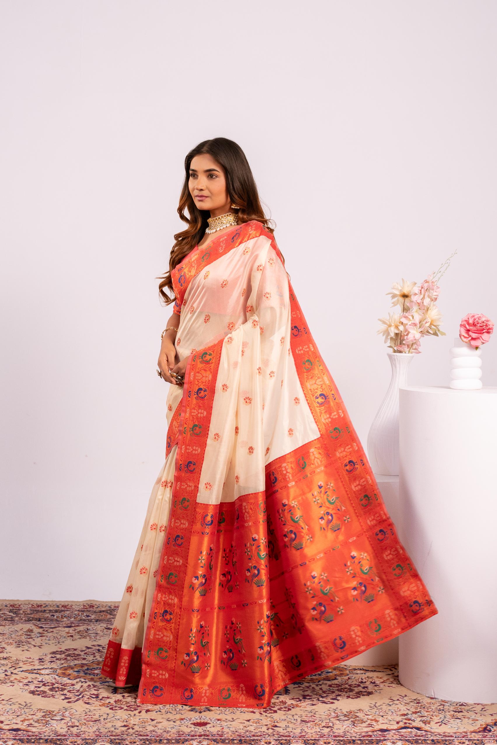 Jyoti Fashion Women's White Soft Tissue Silk Zari Woven Saree with Blouse | Grocsy