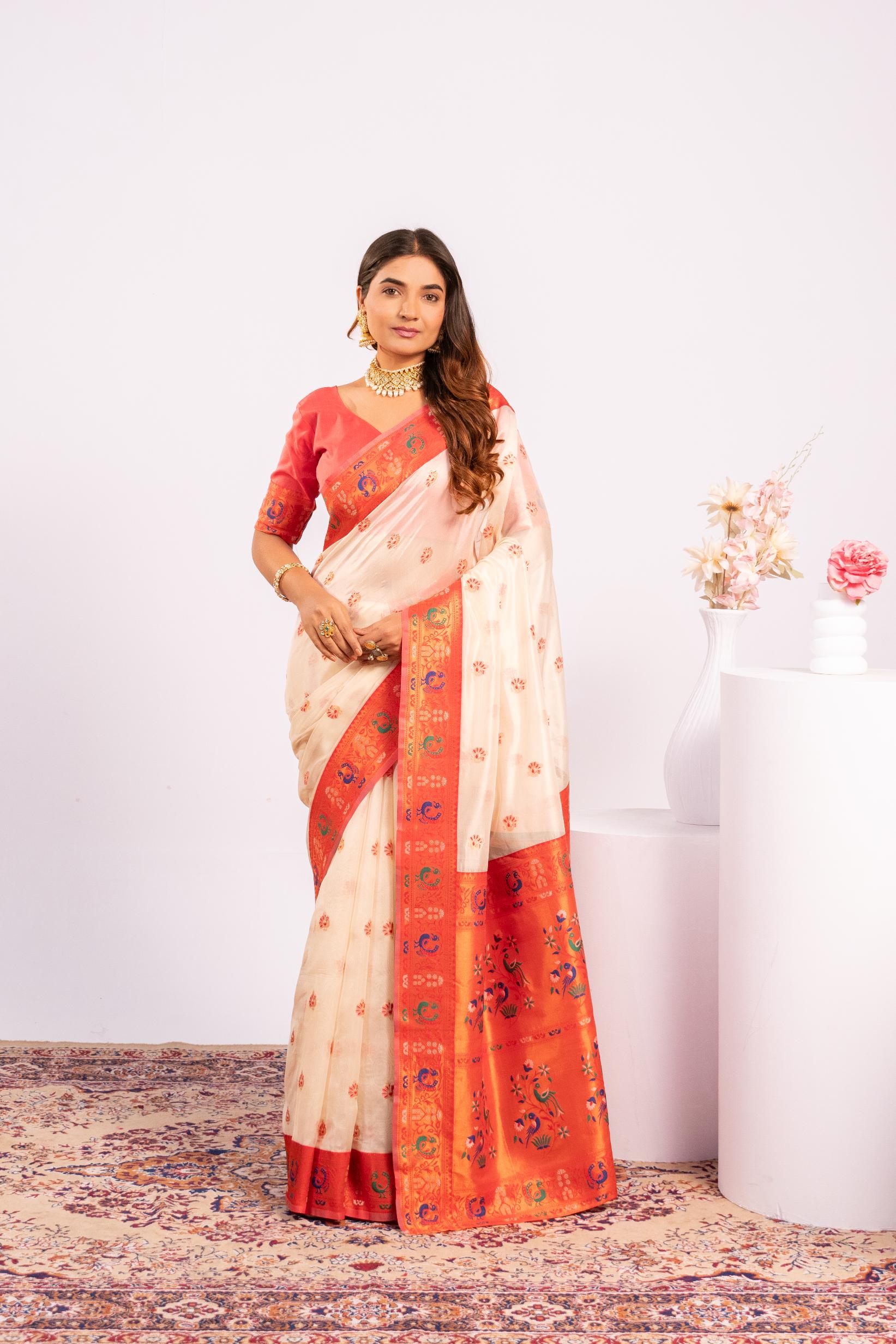 Jyoti Fashion Women's White Soft Tissue Silk Zari Woven Saree with Blouse | Grocsy