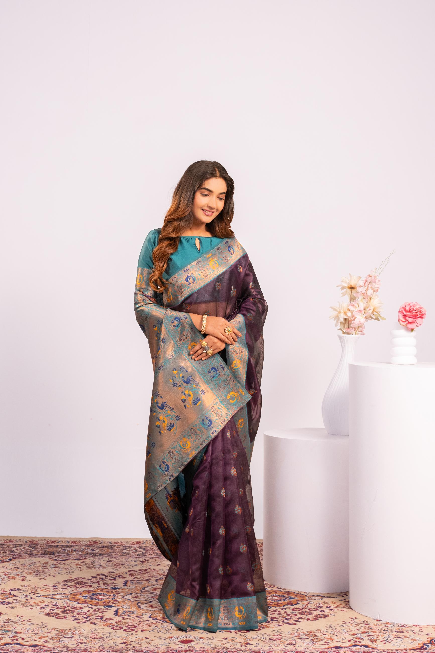 Jyoti Fashion Women's Wine Soft Tissue Silk Zari Woven Saree with Blouse | Grocsy