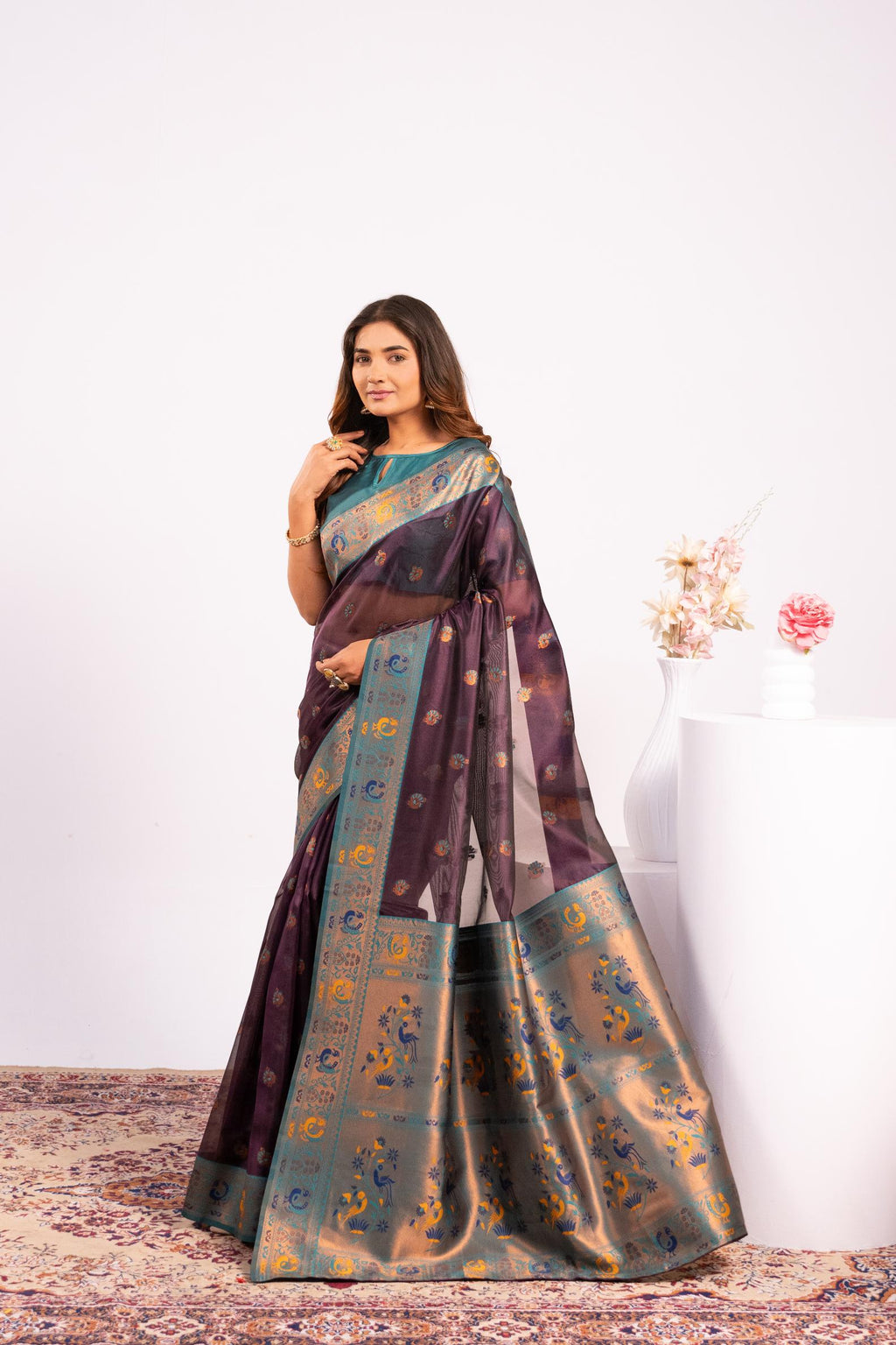 Jyoti Fashion Women's Wine Soft Tissue Silk Zari Woven Saree with Blouse | Grocsy