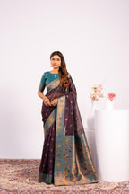 Jyoti Fashion Women's Wine Soft Tissue Silk Zari Woven Saree with Blouse | Grocsy