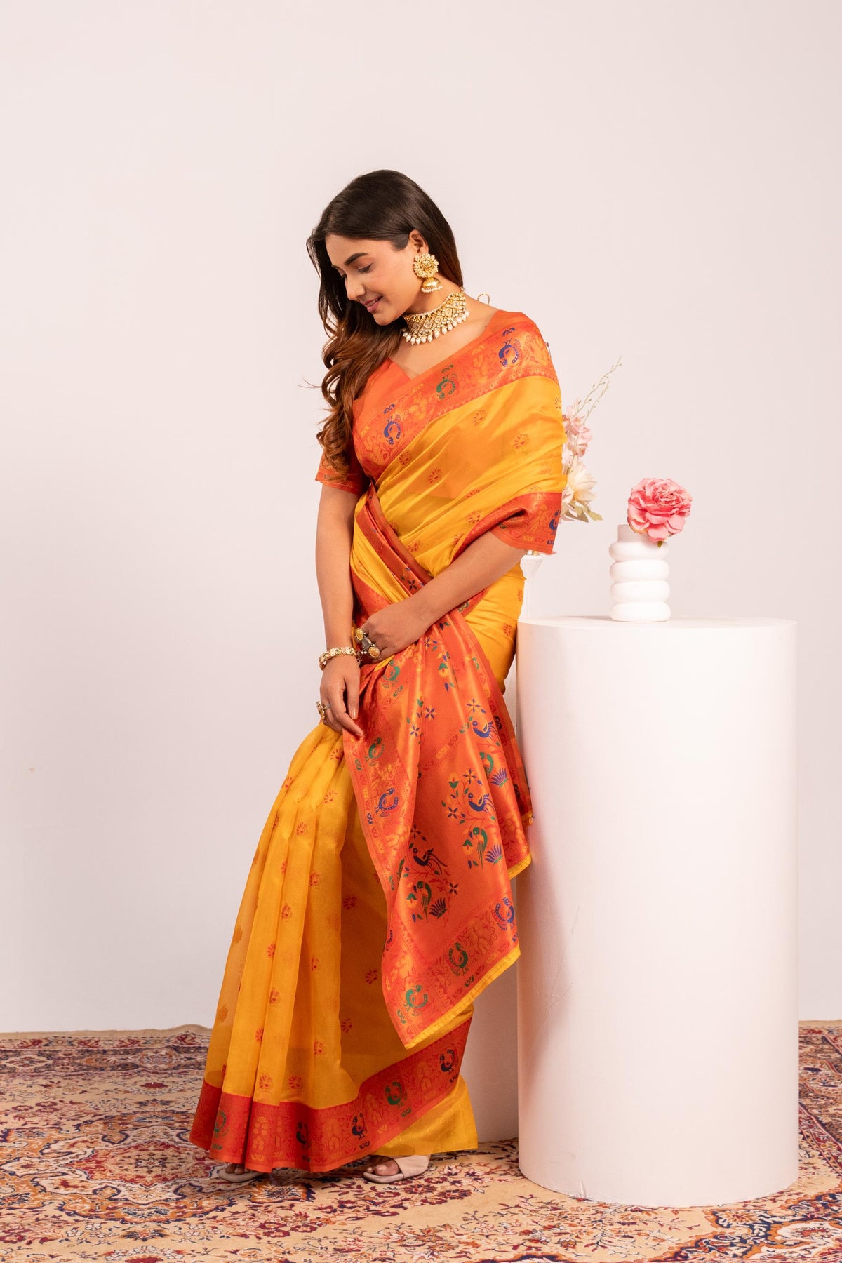 Jyoti Fashion Women's Yellow Soft Tissue Silk Zari Woven Saree with Blouse | Grocsy