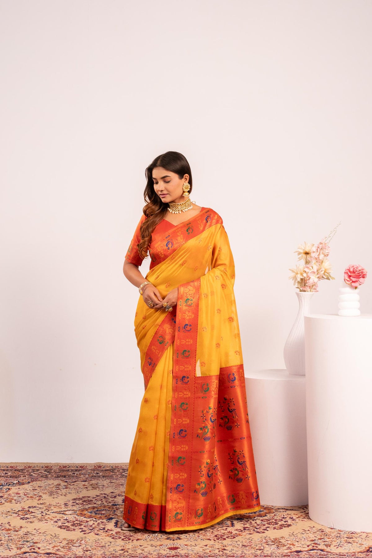 Jyoti Fashion Women's Yellow Soft Tissue Silk Zari Woven Saree with Blouse | Grocsy