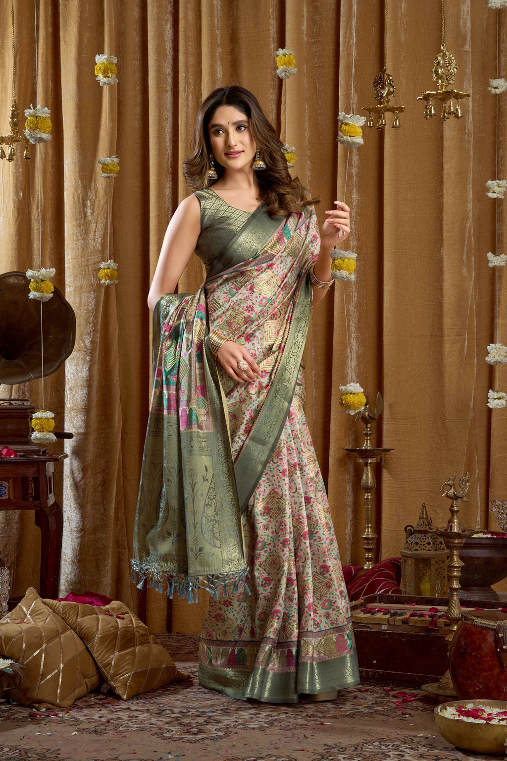 Jyoti Fashion Women's Sea Green Banarasi Digital Cluster Print Saree with Blouse | Grocsy