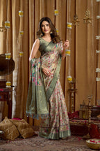 Jyoti Fashion Women's Sea Green Banarasi Digital Cluster Print Saree with Blouse | Grocsy
