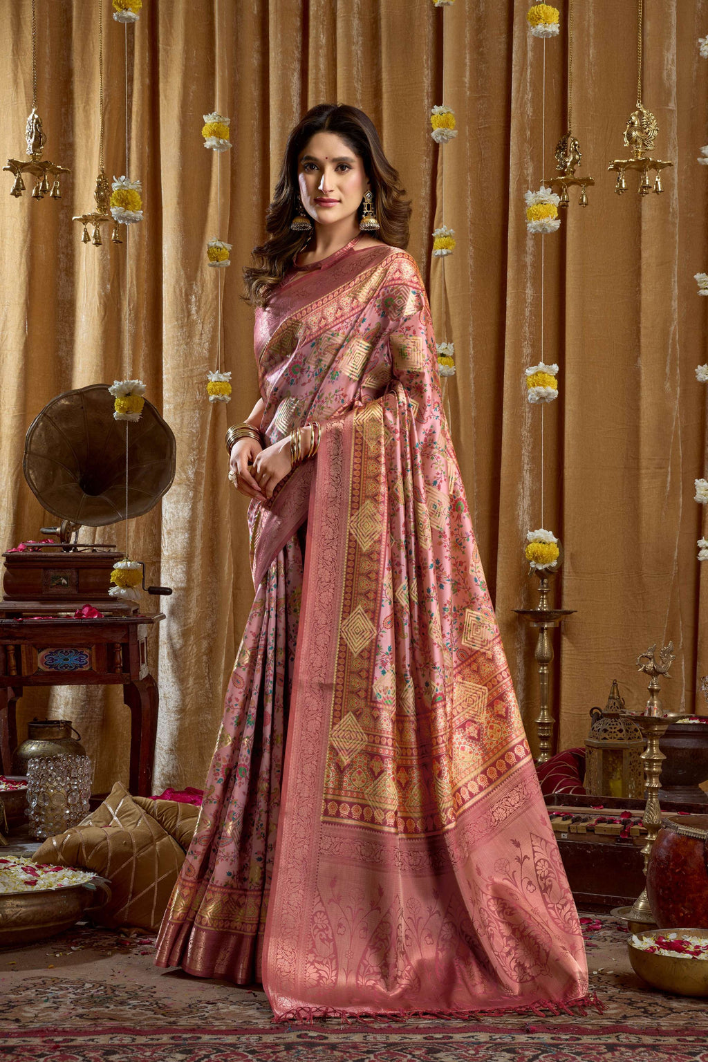 Jyoti Fashion Women's Pink Banarasi Digital Cluster Print Saree with Blouse | Grocsy