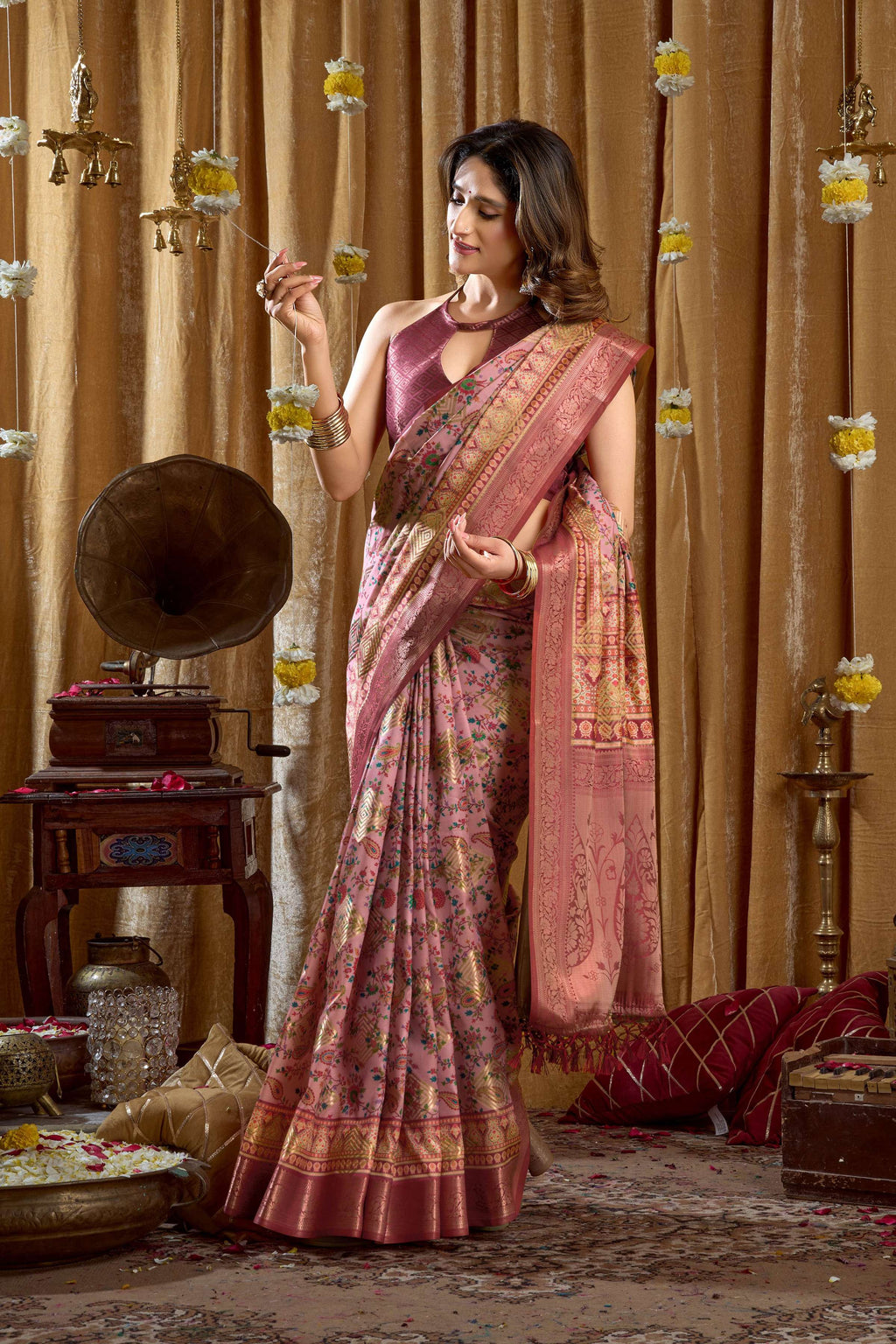 Jyoti Fashion Women's Pink Banarasi Digital Cluster Print Saree with Blouse | Grocsy