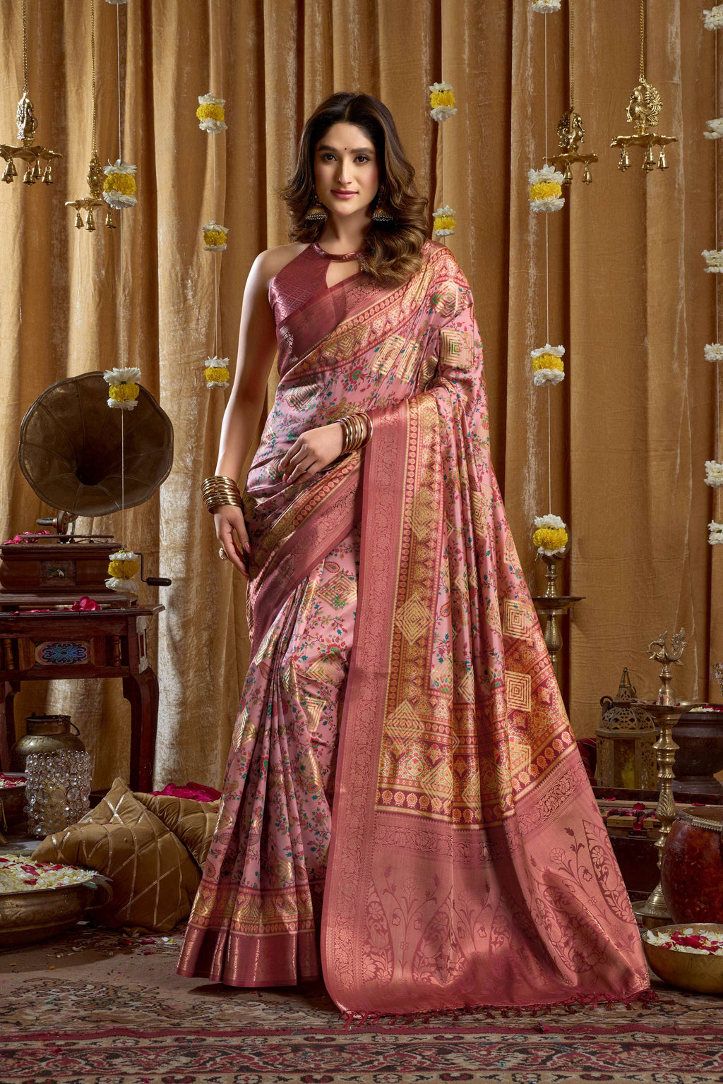 Jyoti Fashion Women's Pink Banarasi Digital Cluster Print Saree with Blouse | Grocsy
