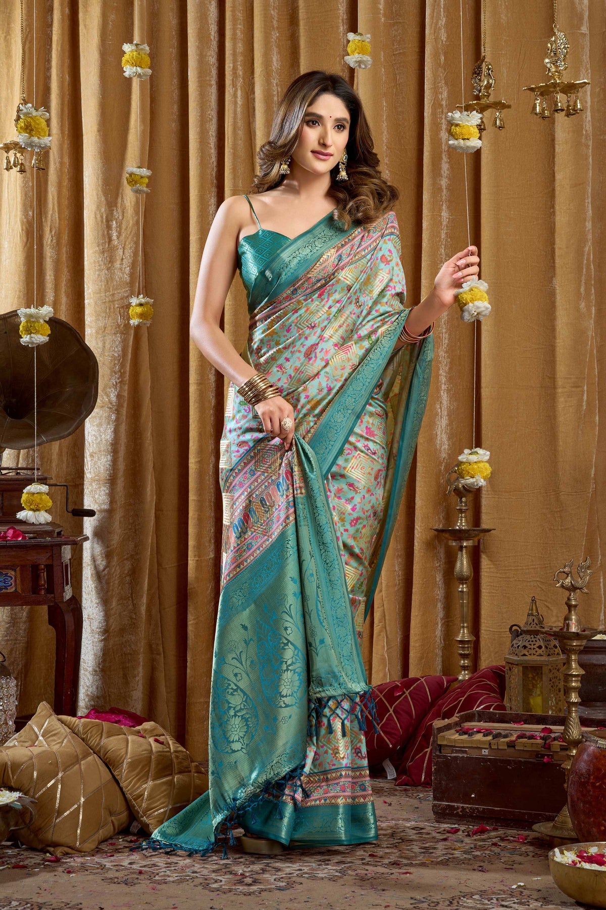 Jyoti Fashion Women's Turquoise Banarasi Digital Cluster Print Saree with Blouse | Grocsy
