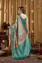 Jyoti Fashion Women's Turquoise Banarasi Digital Cluster Print Saree with Blouse | Grocsy