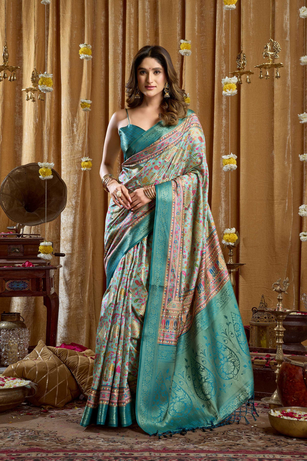 Jyoti Fashion Women's Turquoise Banarasi Digital Cluster Print Saree with Blouse | Grocsy