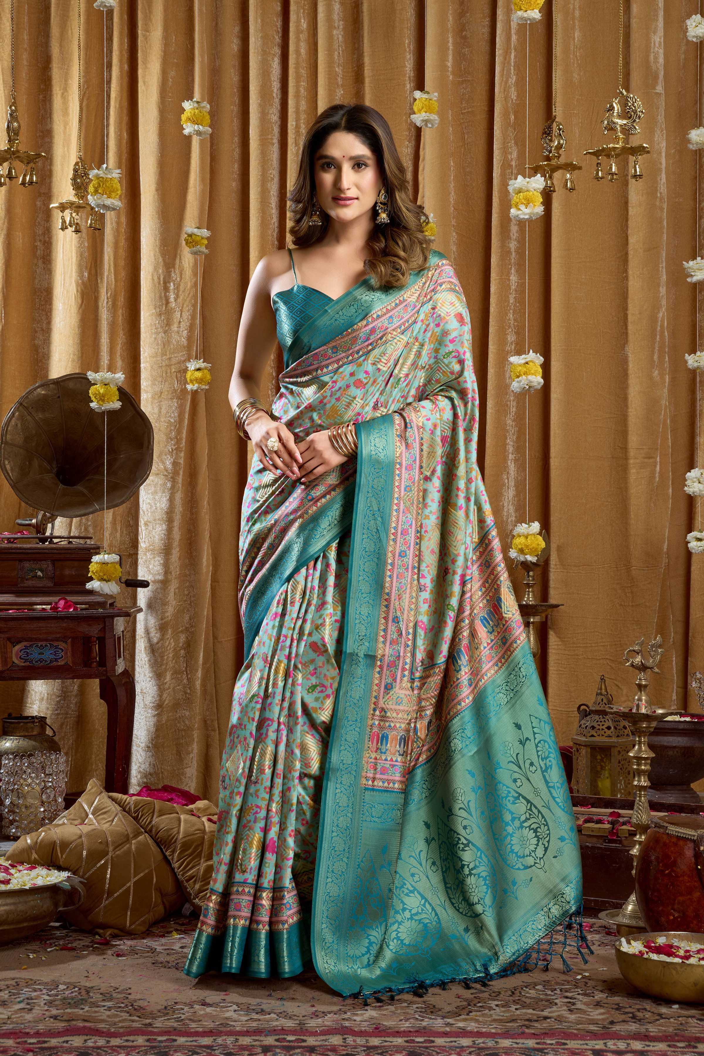 Jyoti Fashion Women's Turquoise Banarasi Digital Cluster Print Saree with Blouse | Grocsy