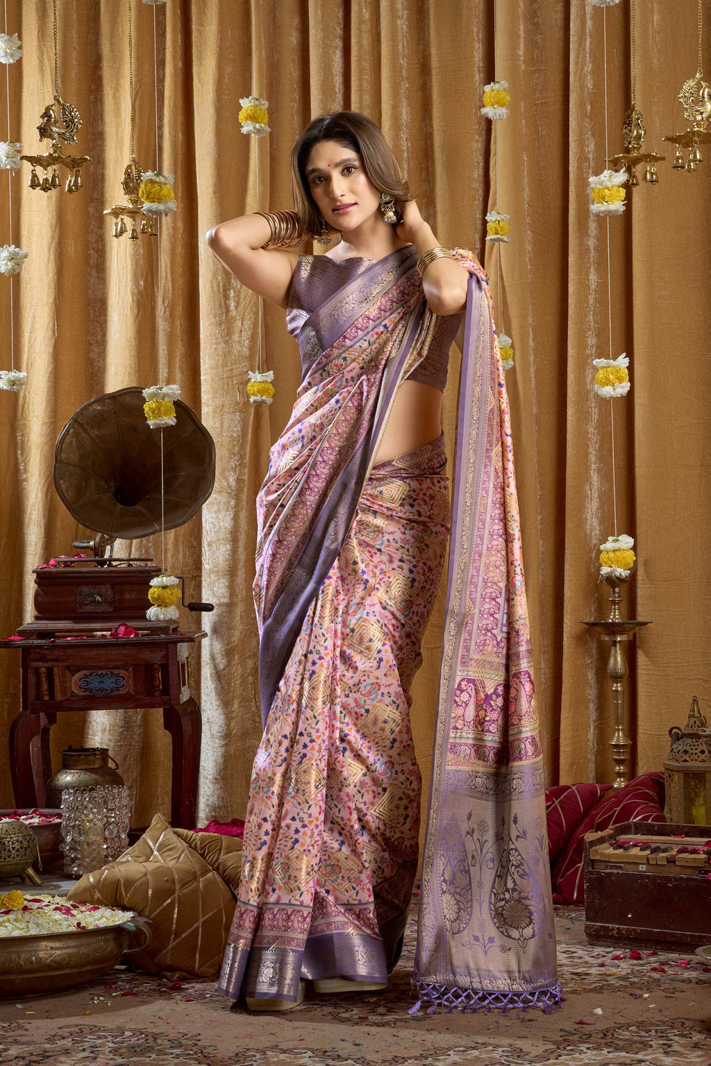 Jyoti Fashion Women's Purple Banarasi Digital Cluster Print Saree with Blouse | Grocsy