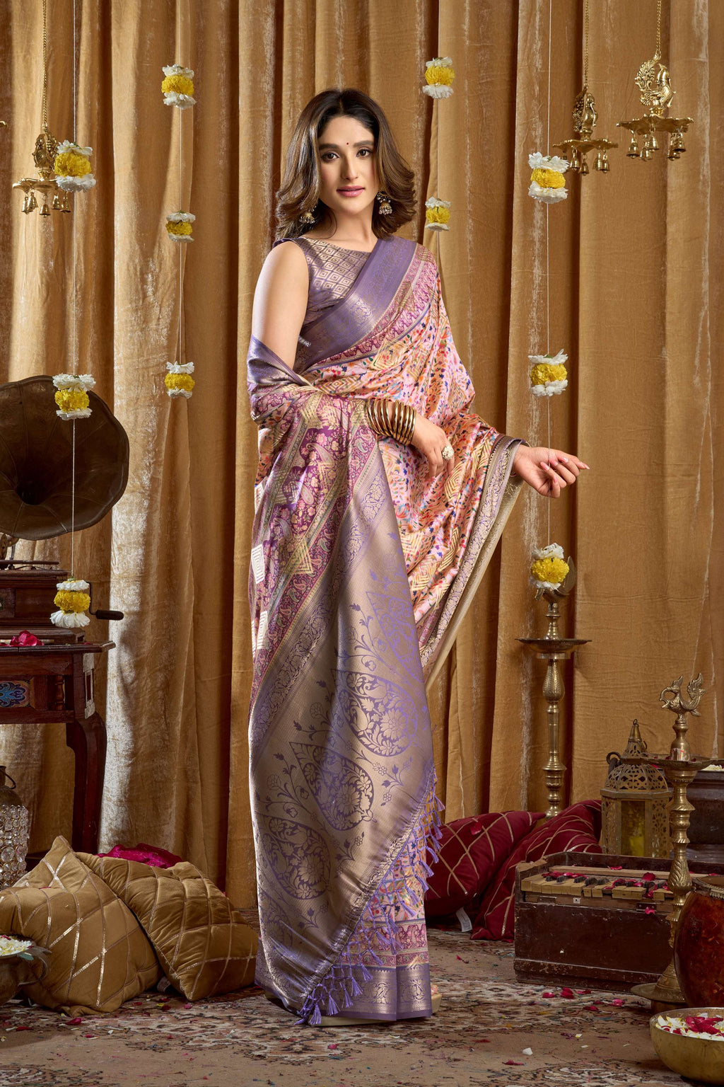 Jyoti Fashion Women's Purple Banarasi Digital Cluster Print Saree with Blouse | Grocsy