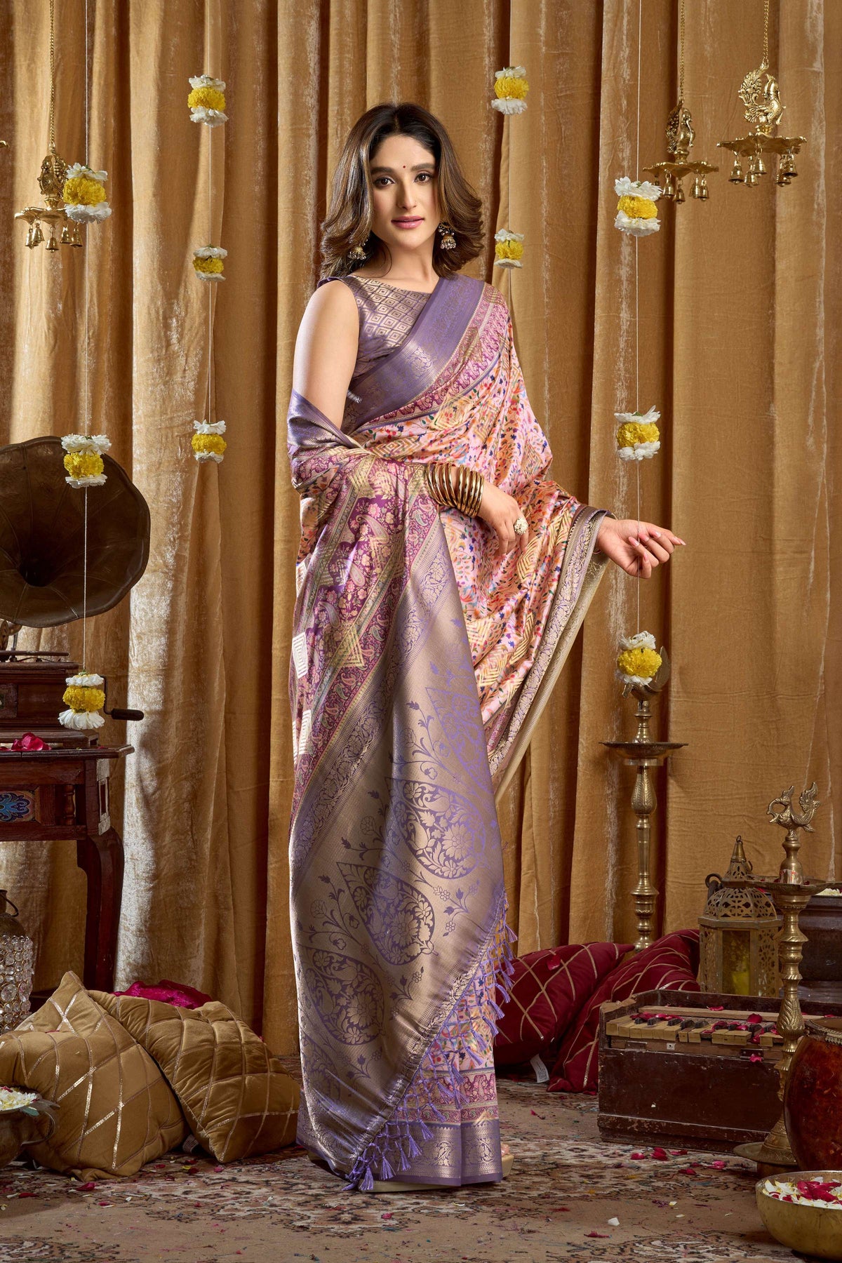 Jyoti Fashion Women's Purple Banarasi Digital Cluster Print Saree with Blouse | Grocsy