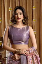 Jyoti Fashion Women's Purple Banarasi Digital Cluster Print Saree with Blouse | Grocsy