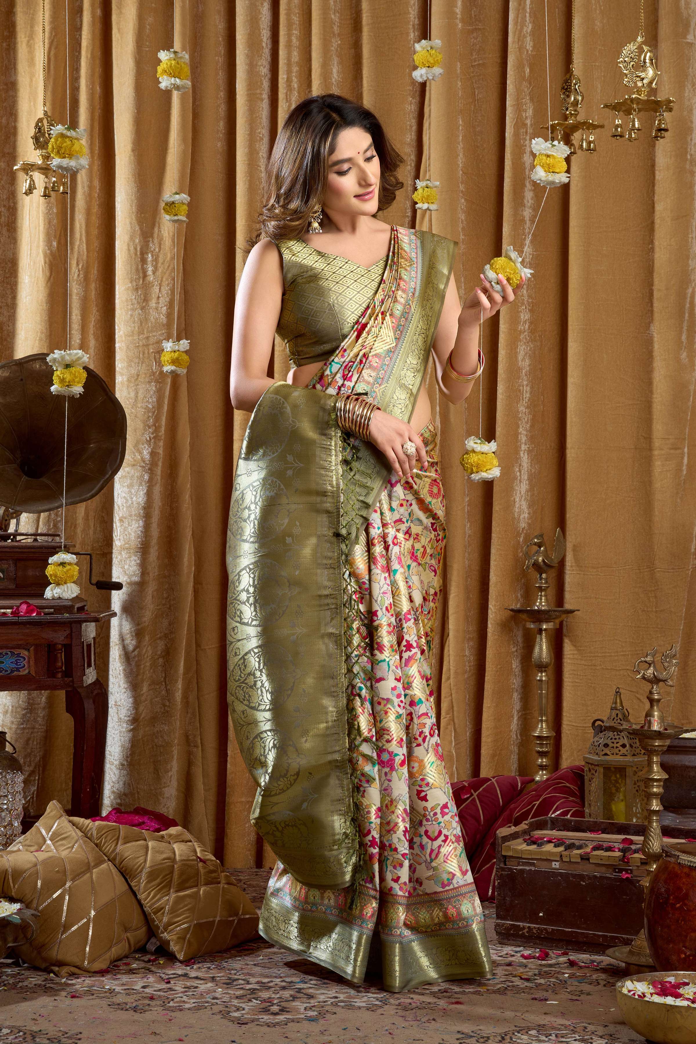 Jyoti Fashion Women's Green Banarasi Digital Cluster Print Saree with Blouse | Grocsy