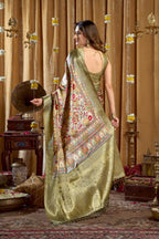 Jyoti Fashion Women's Green Banarasi Digital Cluster Print Saree with Blouse | Grocsy