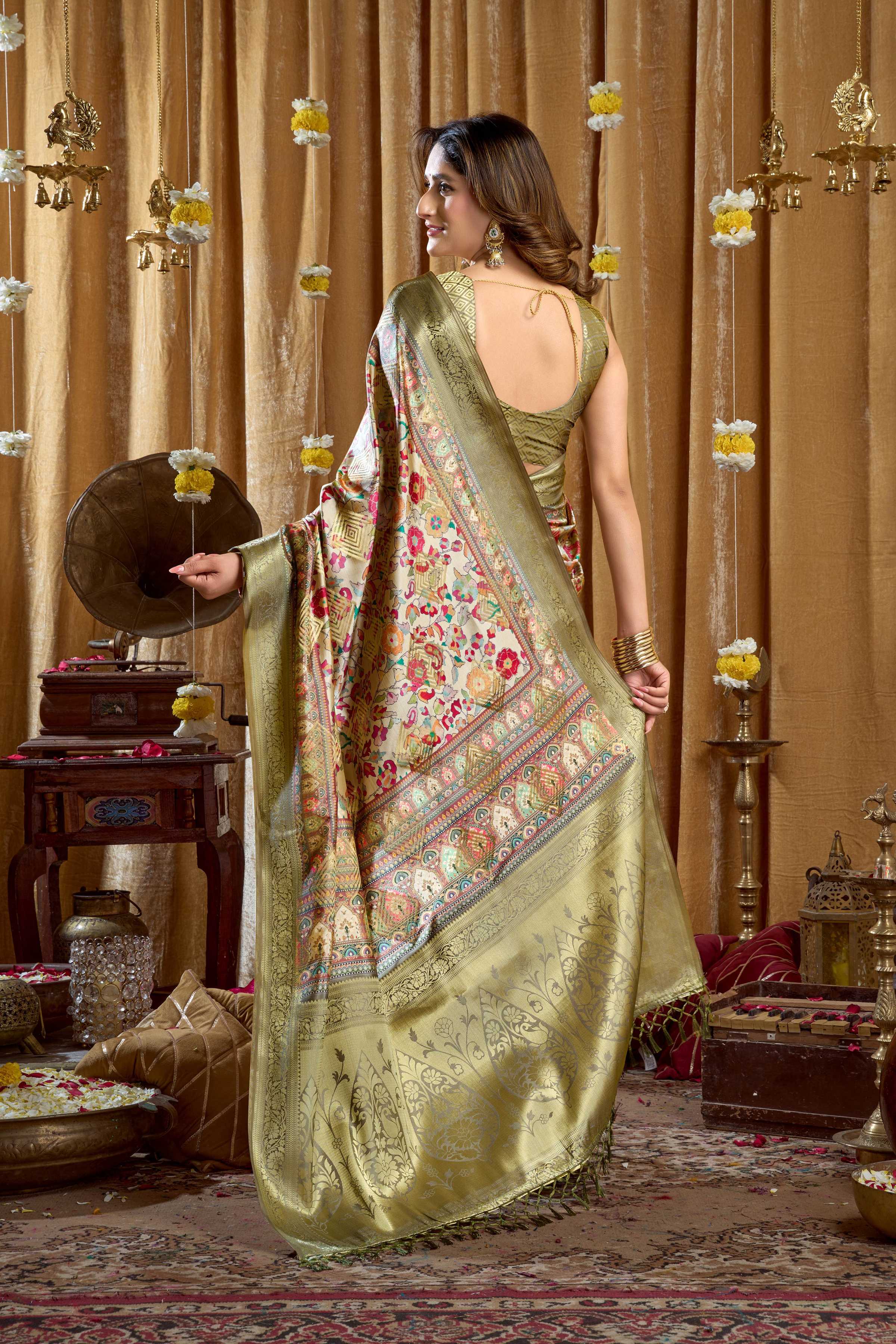 Jyoti Fashion Women's Green Banarasi Digital Cluster Print Saree with Blouse | Grocsy