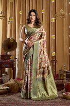 Jyoti Fashion Women's Green Banarasi Digital Cluster Print Saree with Blouse | Grocsy