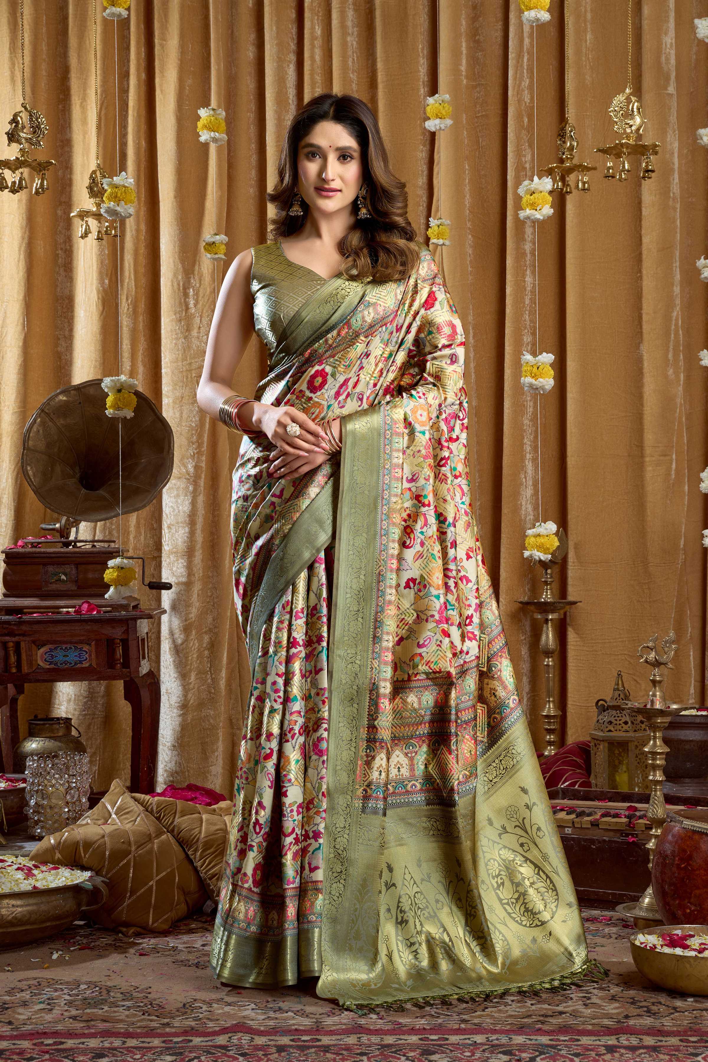 Jyoti Fashion Women's Green Banarasi Digital Cluster Print Saree with Blouse | Grocsy