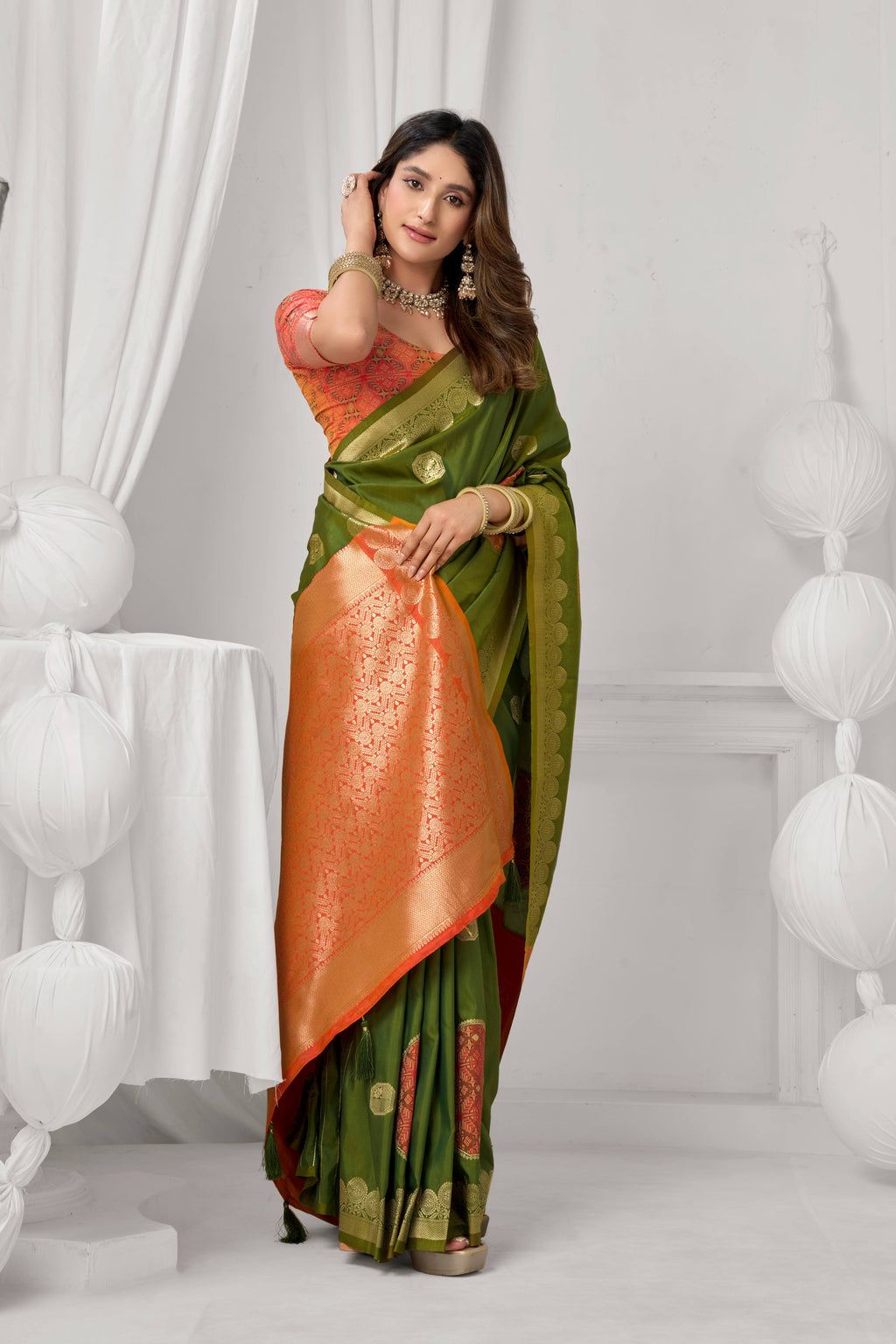 Jyoti Fashion Women's Green Soft Silk Zari Woven Saree with Blouse | Grocsy