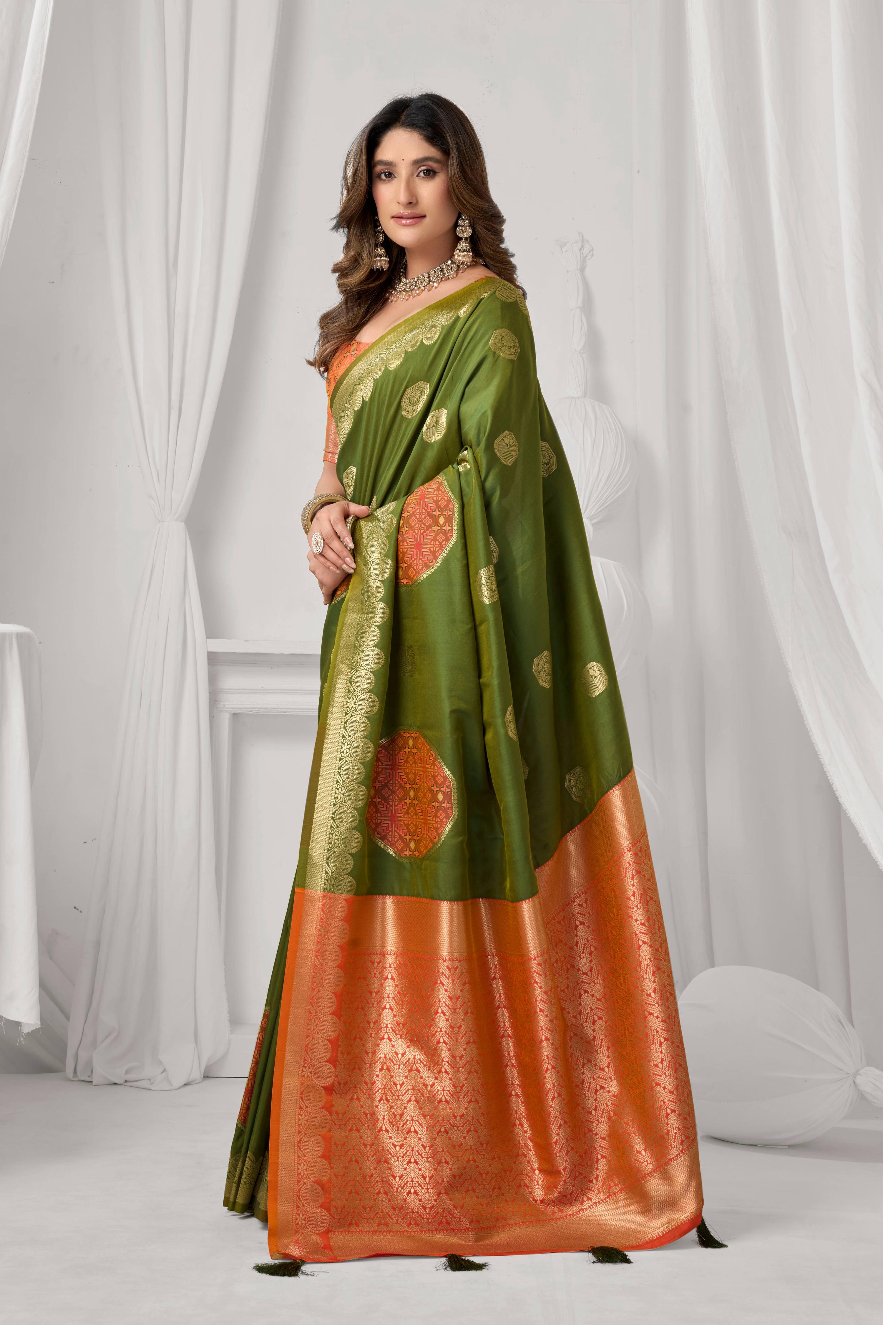 Jyoti Fashion Women's Green Soft Silk Zari Woven Saree with Blouse | Grocsy