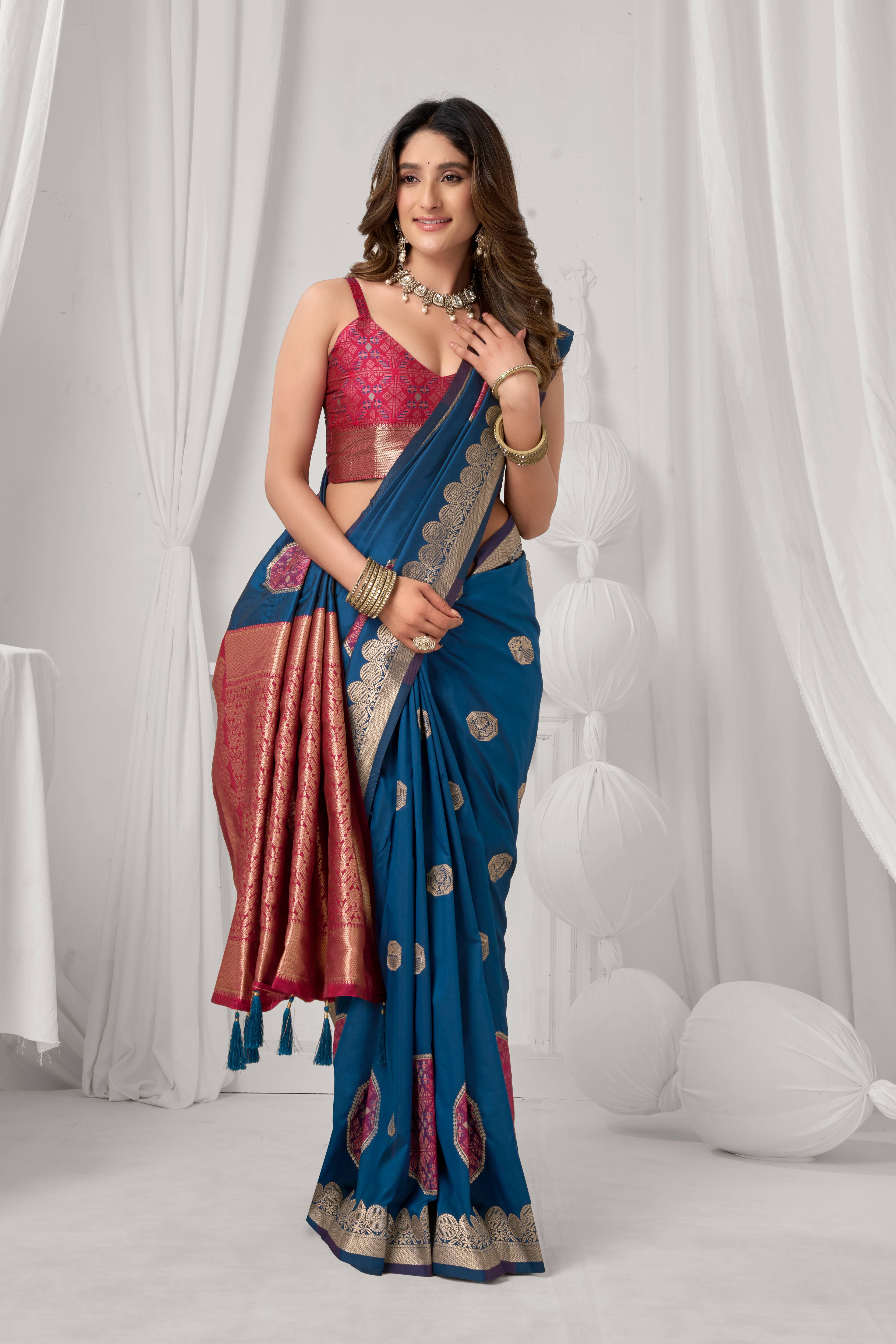 Jyoti Fashion Women's Blue Soft Silk Zari Woven Saree with Blouse | Grocsy