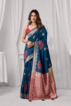 Jyoti Fashion Women's Blue Soft Silk Zari Woven Saree with Blouse | Grocsy