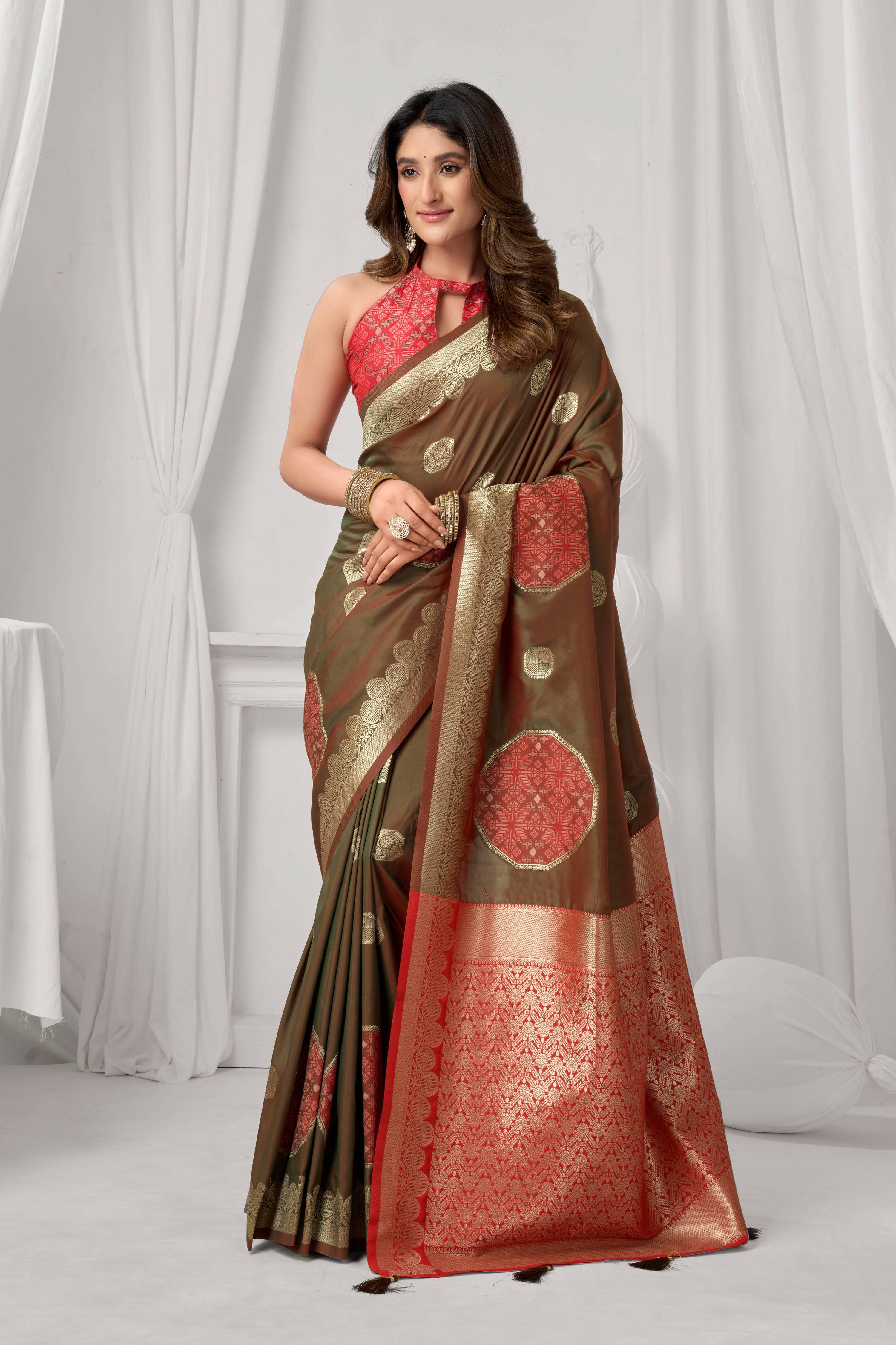 Jyoti Fashion Women's Coffee Soft Silk Zari Woven Saree with Blouse | Grocsy